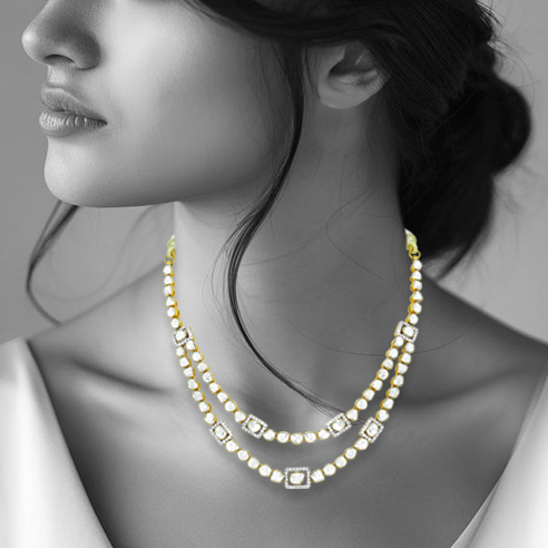 Double-Layer Polki Necklace with Round and Square Motifs